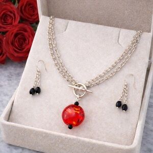 Sterling Silver Red+Black Venetian Murano Glass Necklace & Earrings set 17”